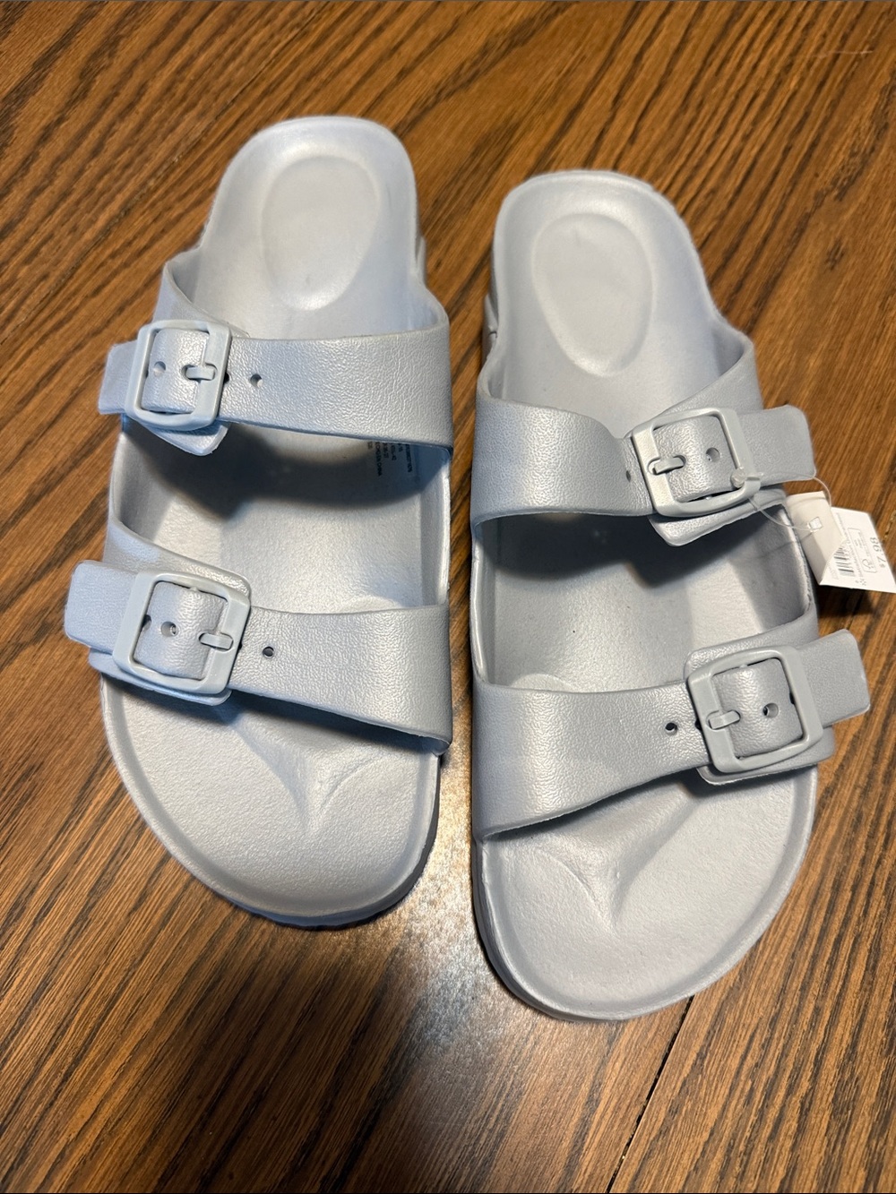 Double-Buckle Slide Sandals in Light Gray